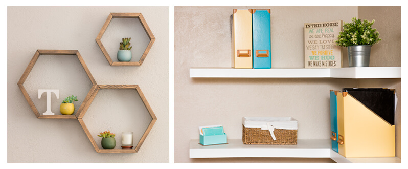 Honeycomb and floating shelving containing yellow and blue decorative items